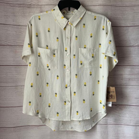 Rae Dunn Women's Linen Pineapple Print Button Up Shirt Short Sleeve Collar Large - Picture 1 of 16